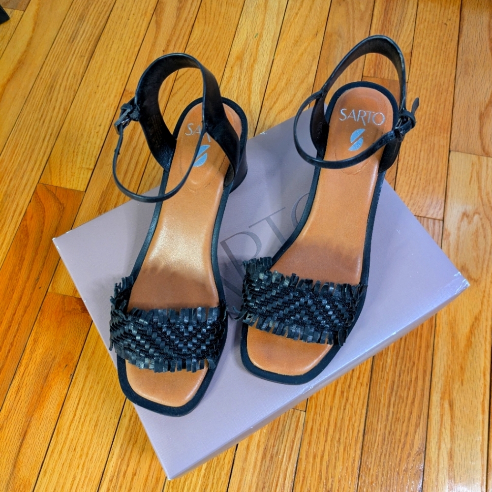 A Razia By Franco Sarto Black Sandals with Textured Strap and Low Heel